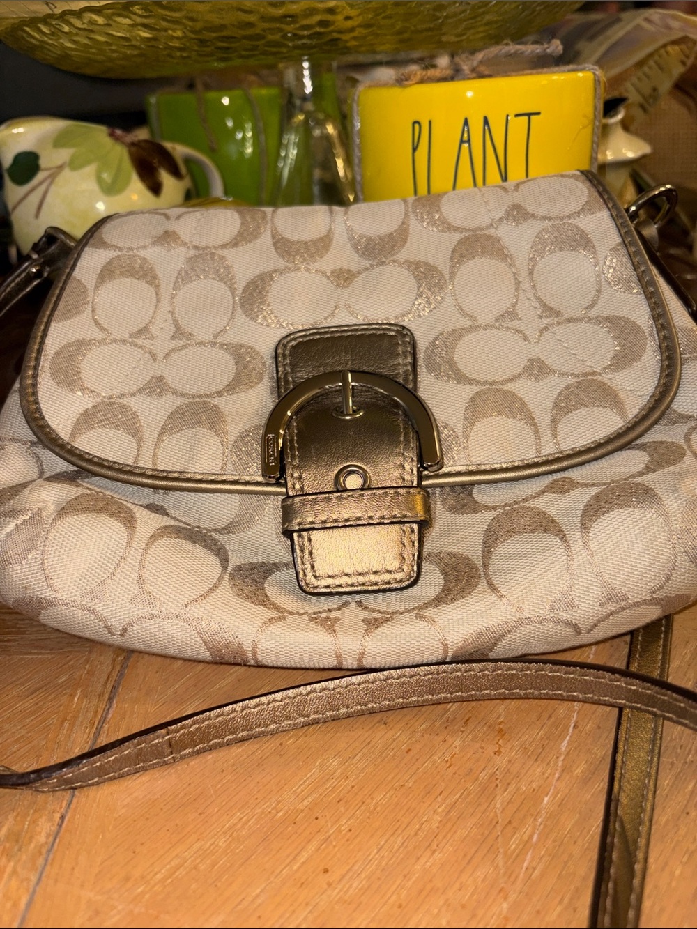 Coach Signature Crossbody Bag in Gold and Cream with Buckle Accent